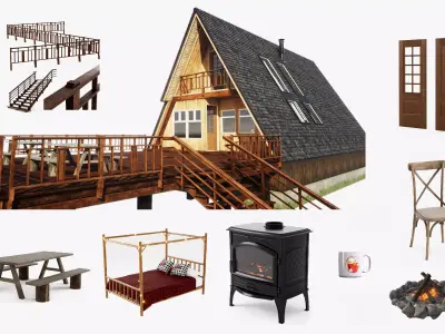 Modern Rustic Cabin Pack - Game Ready Low-poly 3D model
