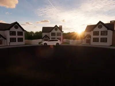 3D Neighborhood Model 3 street with houses and picket fence 3D model