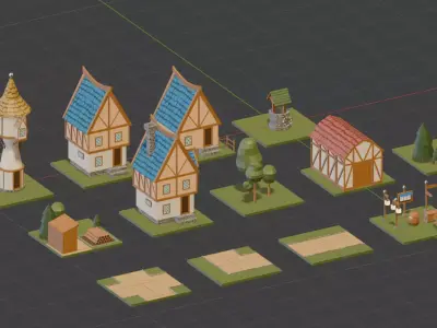 Building and Decor Set Medieval German Town Low-poly 3D model