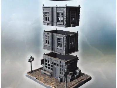 Old bookshop with large windows brick facade benches streetlight 3D print model