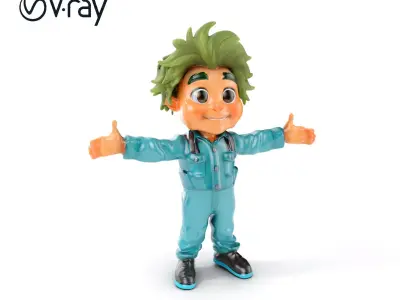 Playful GreenHaired Kid Character in Blue Jumpsuit for D Anim... Low-poly 3D model