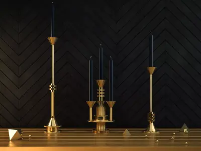 Cog gold candle holder with three candles 3D model