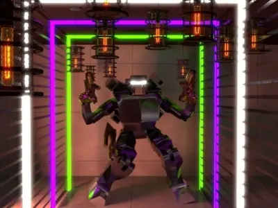 robot in hallway with neon lights Low-poly 3D model