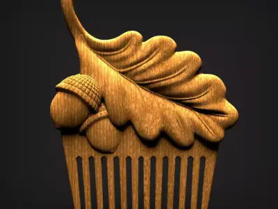 3D Model STL Comb wooden hair with acorns and leaves 3D model