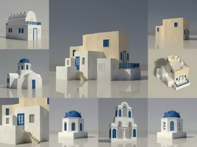 Santorini Blue and White Greek 3D Buildings x 7 Models  Low-poly 3D model