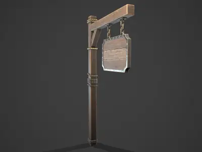 Signboard wooden sign hanging on pole Low-poly 3D model