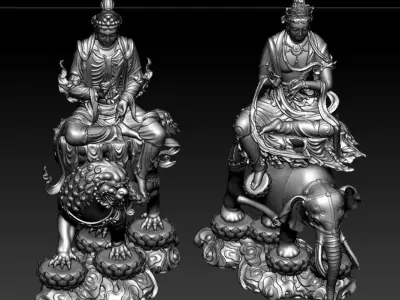 Buddha and Bodhisattvas Manjushri and Samantabhadra Bodhisattva 3D print model