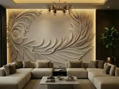 Modern feather Relief Panel Wall Decor Set STL Mural CNC 351 3D model