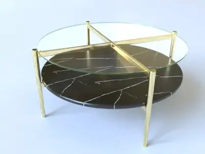 Coffee Table gold marble wood - Mid-Century Art Display Round  3D model