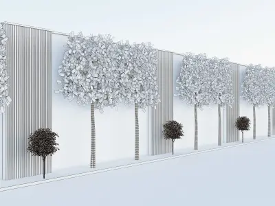 Brick Fence With Pleached Trees 3D model