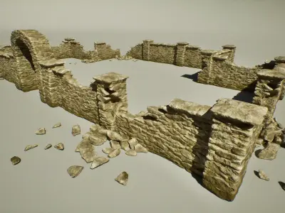 Modular Stone Fence Gameready Low-poly 3D model