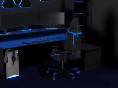 Lowpoly Gamingsetup gaming desk with lighting Low-poly 3D model