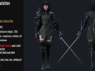 Inquisitor - Game Ready woman dressed in armor and holding sword Low-poly 3D model