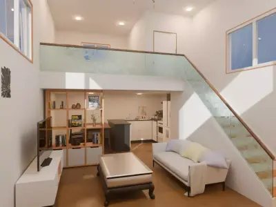 A room with a loft bed area 3D model