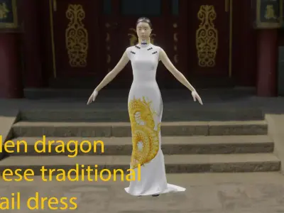 Embroidery golden dragon Chinese traditional party dress Low-poly 3D model