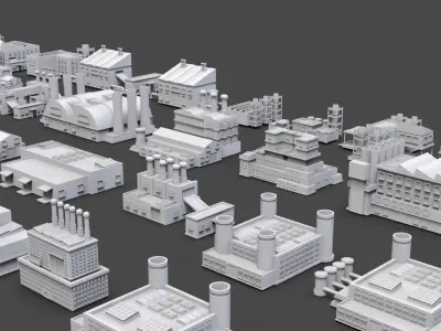 Low Poly Industrial Building Pack Of 60 -Game Ready -Untextured 3D model