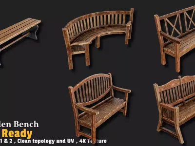 5 Wooden Bench Game Ready Low-poly 3D model