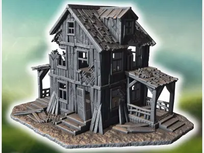 Large wooden house with a damaged porch broken roof shingles and 3D print model