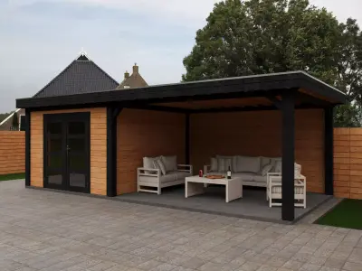 Wooden Garden House with Pergola 3D model
