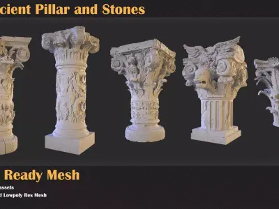 43 Ancient Pillar and Stones   Low-poly 3D model