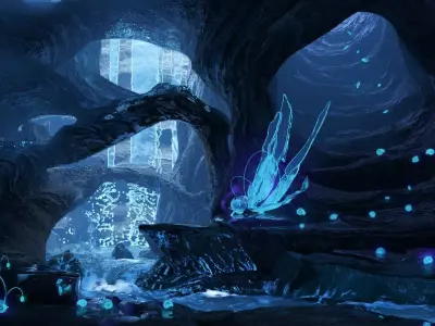 Magic night cave  waterfall energy flower and shells 3D model