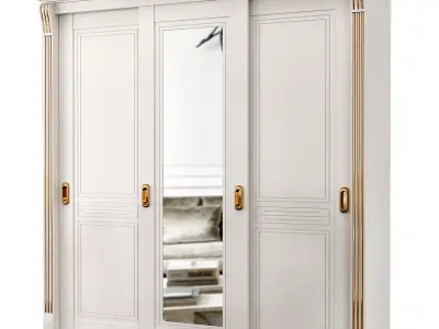 Wardrobe low poly 3d model with mirrored doors bedroom furnit... Low-poly 3D model