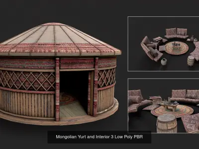 Mongolian Yurt and Interior Low Poly PBR Collection 3D Model Pack