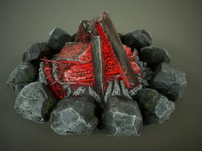 Campfire with cauldron Low-poly 3D model