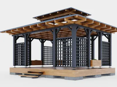 Wooden gazebo with decorative lathing 3D model