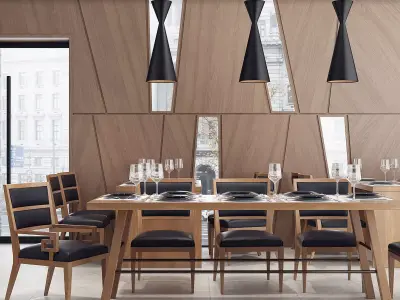 Restaurant dining room with chairs and wooden walls 3D model