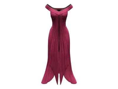 Burgundy Off Shoulder Willow Skirt Long Gown Dress Low-poly 3D model