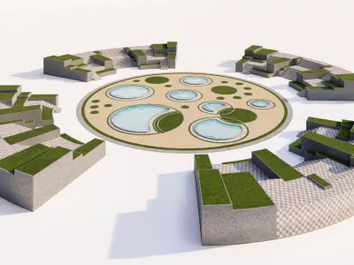 Circular Amphitheater Seating and Water Feature Landscape Low-poly 3D model