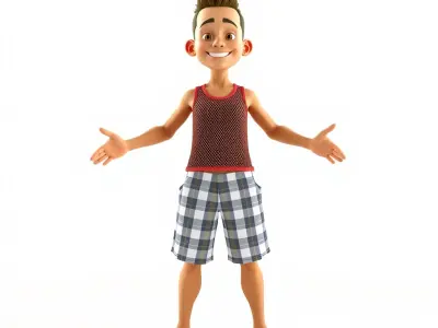 Animated Youth Character Model with Plaid Shorts  Fully Rigge... Low-poly 3D model