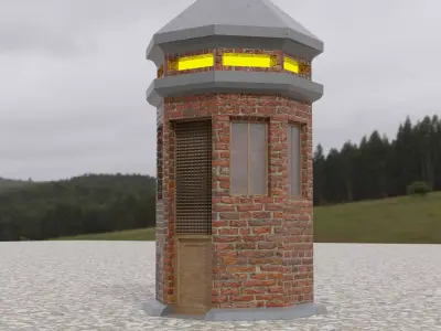 LOW POLY TOWER brick in middle of field Low-poly 3D model