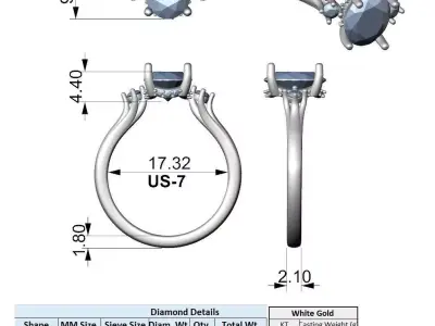 Oval Diamond Three Stone Engagement Ring STL 3D print model