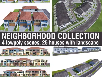 Neighborhood Houses Collection - 4 Pack Low-poly 3D model