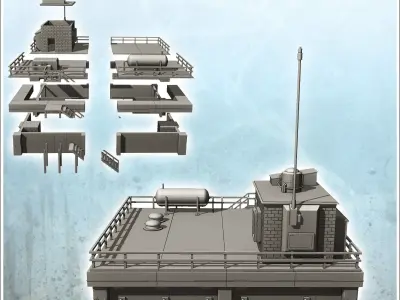 Industrial garage with rooftop annex and long antenna intact ver 3D print model