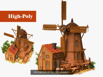 old mill with barn old farmhouse wild west high-poly 3D Model Pack
