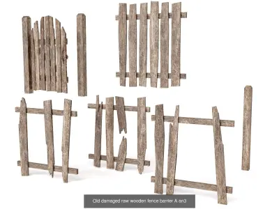 Old damaged raw wooden fence barrier collection da1 3D Model Pack