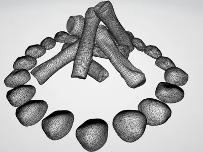 Campfire fire pit with rocks Low-poly 3D model