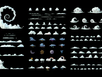 Stylized Cartoon Clouds and Weather Icons pack 140 assets Low-poly 3D model