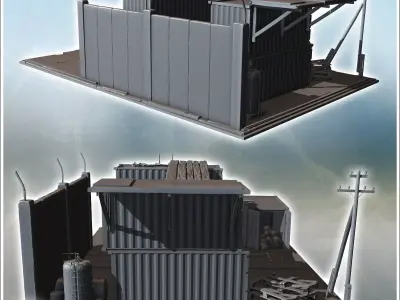 Stacked shipping containers forming a makeshift structure with l 3D print model