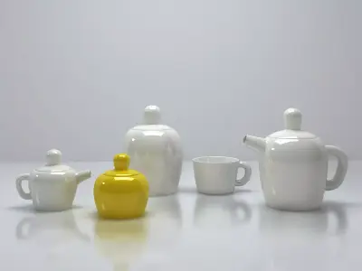 Bulky three teapots and cups on tray 3D model