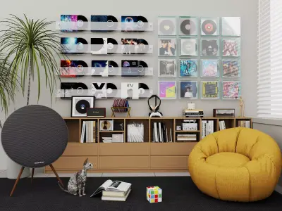 Modern living room interior design  featuring audio equipment Low-poly 3D model