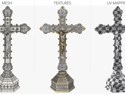  Antique Religious Desk Crucifix Jesus Bronze with Silver 