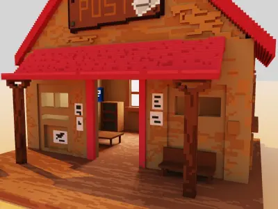 Voxel Wild West Post Office with a cactus and furniture Low-poly 3D model