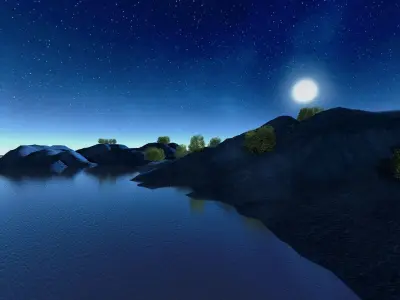 night forest scene valley mountain grassland plain river 3D model