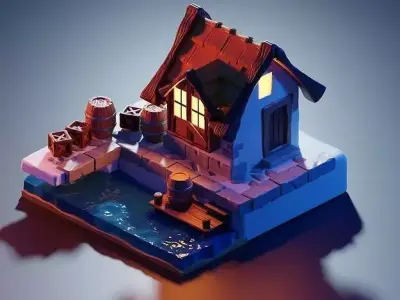 low poly Gameasset2 lego house with barrels 3D model