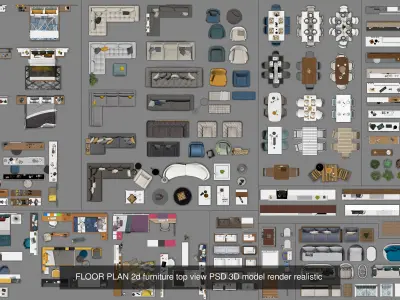 FLOOR PLAN 2d furniture top view PSD 3D model render realistic   3D Model Pack