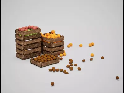 Wooden Crates with Fruits and Potatoes Low-poly 3D model
